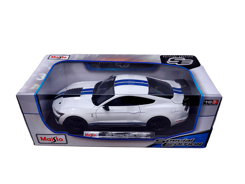 Maisto Special Edition 2020 White w/ Blue Stripes Ford Mustang Shelby GT500 1:18 Scale Die Cast