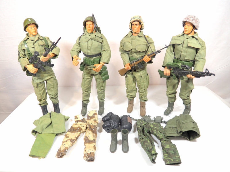 Four 12" Action Soldiers and Accessories by Informative Inc. /w Stands