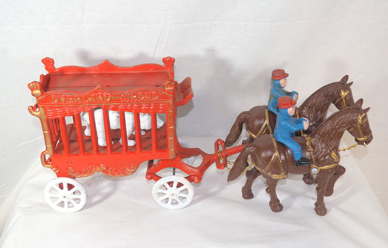 Vintage Kenton Cast Iron Overland Circus Wagon w/ Bear, 2 Riders & 2 Horses